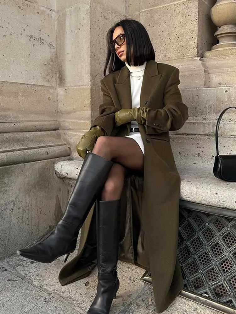 Fashion Green Long Woolen Coats Women Loose Lapel Double Breasted Full Sleeve Overcoats 2025 Autumn Winter Lady Commute OutwearT251224