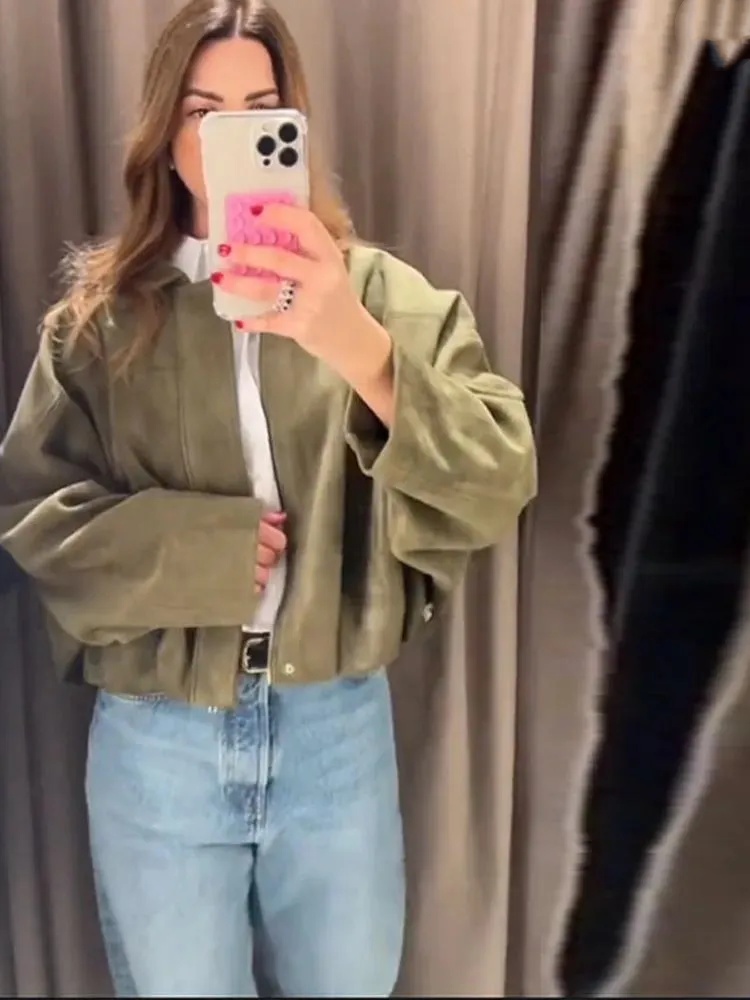Women's Jackets Brown Green Suede Jacket Women Lapel Zipper Long Sleeve Pockets Bomber Coat 2025 Spring Autumn Lady Loose Motorcycle