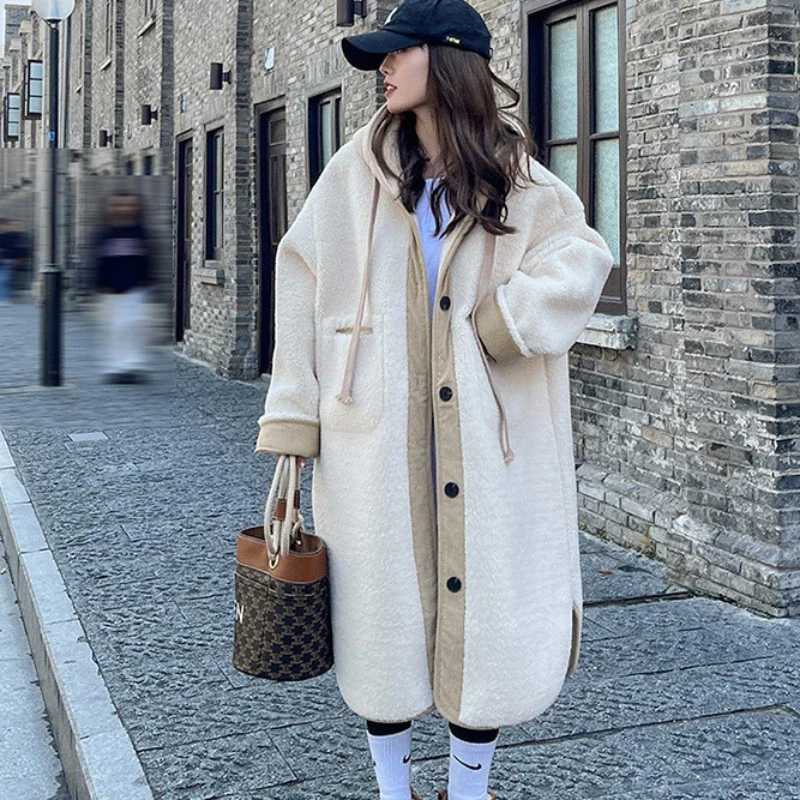 Hooded Wool Coats Women Autumn Winter Thicken Korean Style Casual Lambswool Loose Simple All-match Streetwear Patchwork ElegantT251224