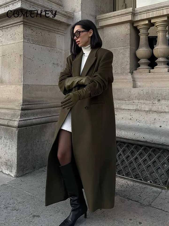 Fashion Green Long Woolen Coats Women Loose Lapel Double Breasted Full Sleeve Overcoats 2025 Autumn Winter Lady Commute OutwearT251224