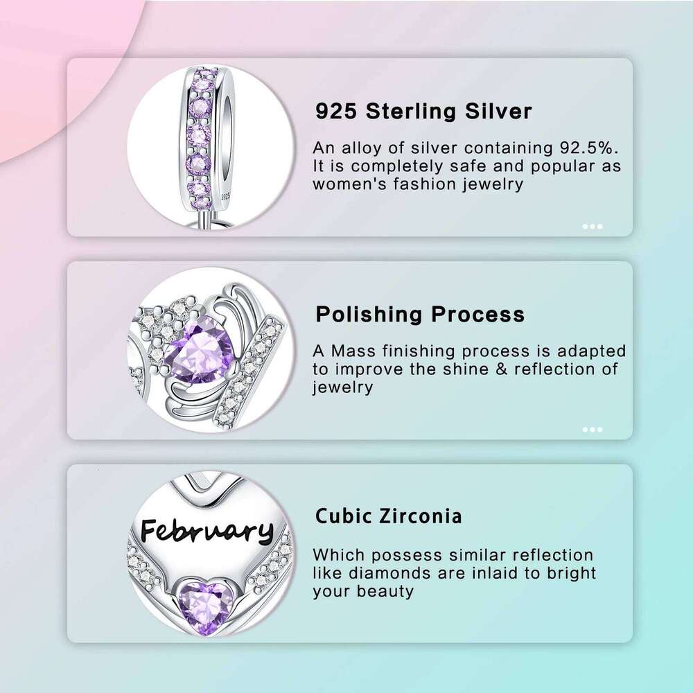 925 Sterling Silver January-December Birthday Stone Love Zircon Pendant Bead Fit Charms Necklace Bracelet Women Jewelry DIY Gift X251224