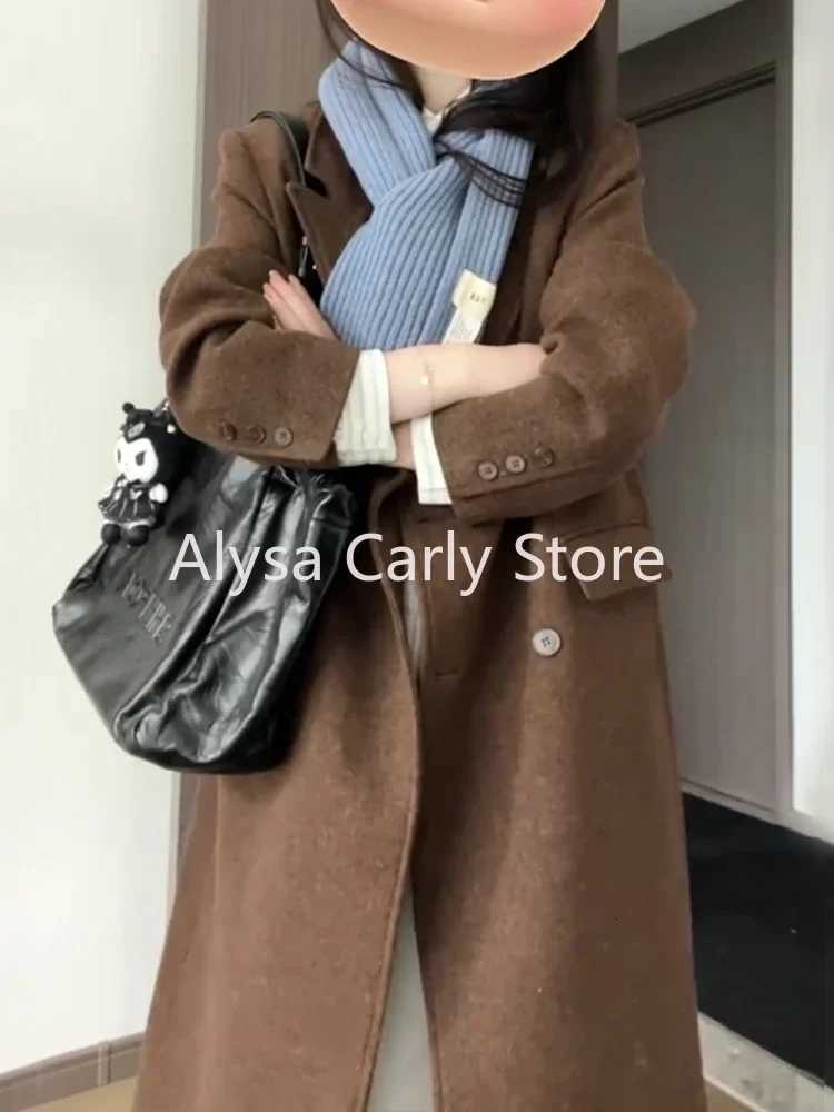 2023 Winter Korean Long Woollen Cost Women Double Breasted Chic Casual Loose Trench Jacket Female Fashion Outerwear Blazers CoatT251224