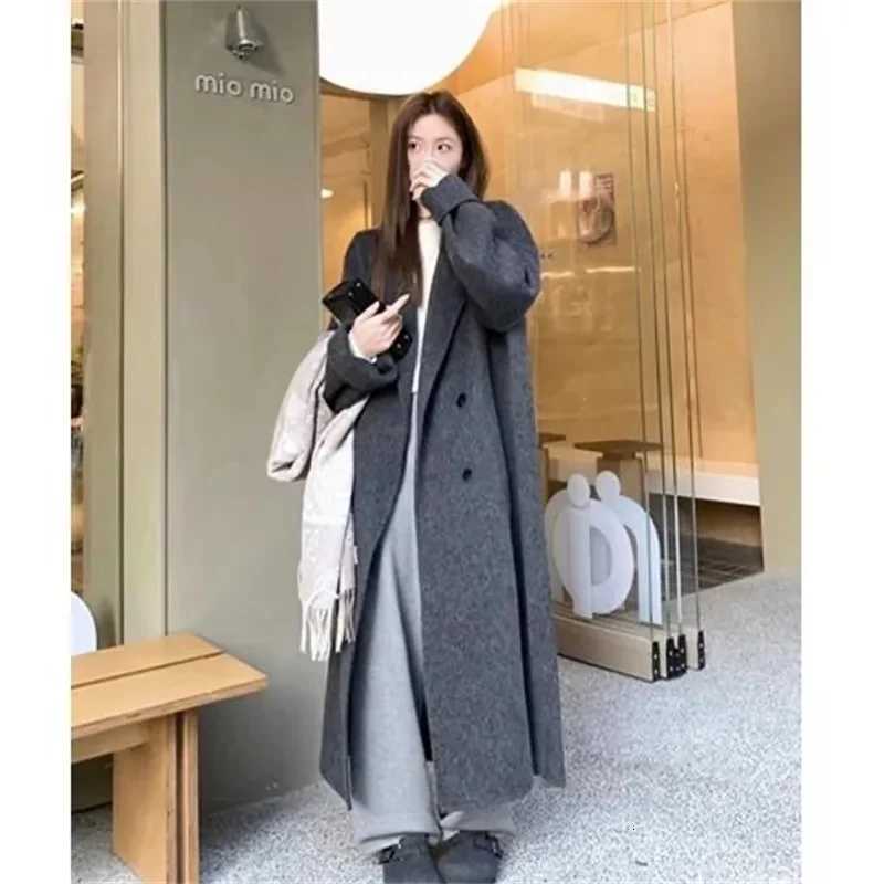 Fashion 100 Wool Coat Woolen Long Coat For Women Oversize Loose Double-Breasted Lapel Overcoat Autumn Lady High Street OuterweaT251224