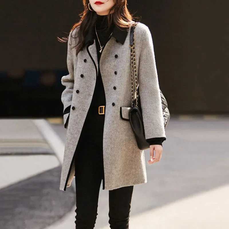 Autumn Winter Mid-Long Woolen Coat Women 2023 New Fashion Loose Turndown Collar Double-Breasted Outwear Overcoat Parka FemaleT251224