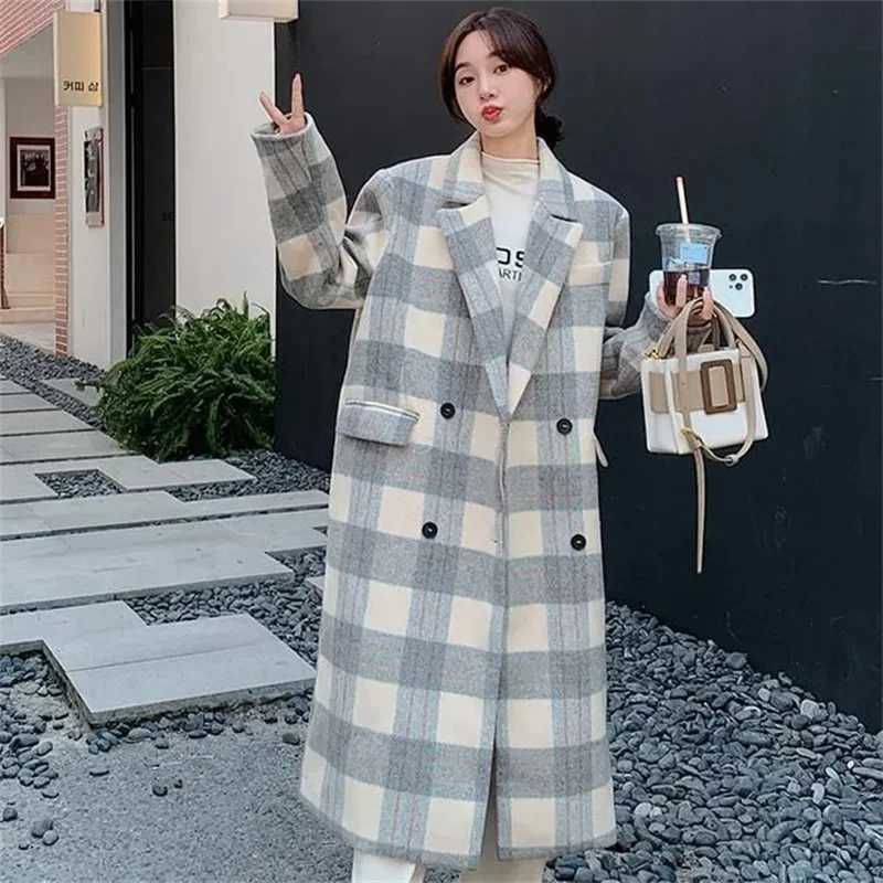 2025 Autumn/Winter Woman New Korean Simple Commuting Fashion Korean Checkered Fabric Woolen Small Coat Womens Long Woolen CoatT251224