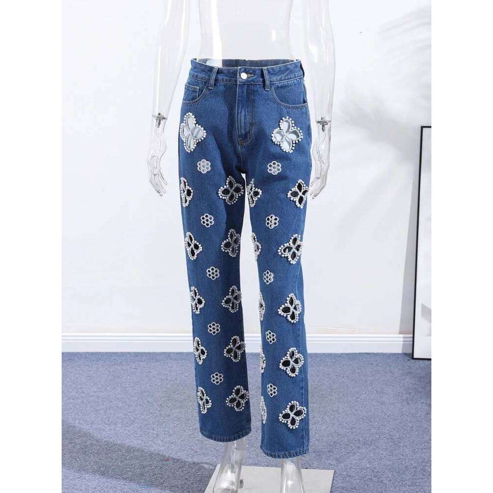 Street Pearl Hollow Women's Jeans Zipper Pockets High Waist Blue Denim Trousers 2025 Autumn Winter Lady Y2K Outwear X251224