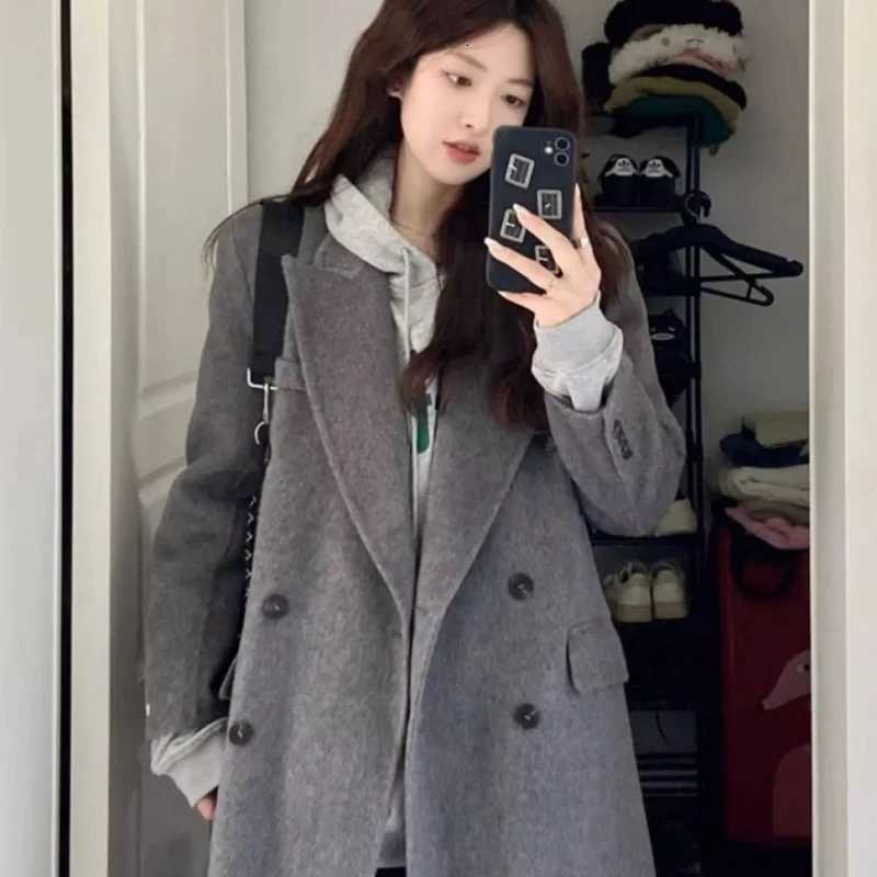 2025 Autumn/Winter New Arrival Premium Wool Blazer For Women - Thickened Medium-Length Grey Shoulder-Concealing Wool CoatT251224