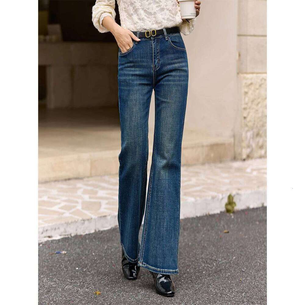 VIMLY Women's Denim Pants 2025 Winter Retro Washed Waist Cinching Slim Flared Jeans Elegant Button Pocket Women Bottoms 75219 X251224