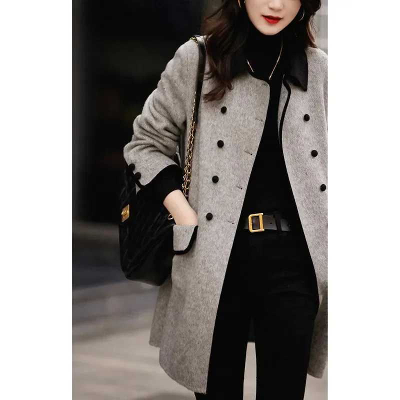 Autumn Winter Mid-Long Woolen Coat Women 2023 New Fashion Loose Turndown Collar Double-Breasted Outwear Overcoat Parka FemaleT251224