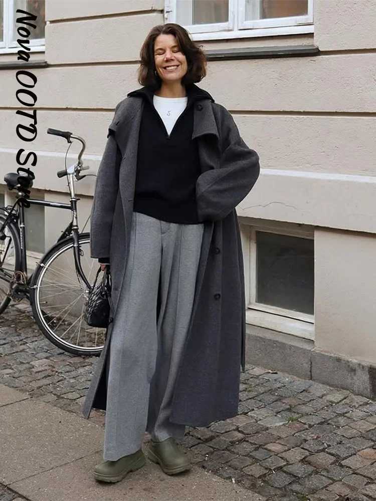 Elegant Solid Lace Up Long Woolen Coat Women Stand Collar Single Breasted Retro Coats 2025 Autumn Winter Lady All-match OutwearsT251224