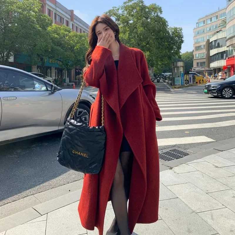 100 Wool Coat Womens Wear 2025 Autumn/Winter Fashion Temperament Double sided Cashmere Coats with Belt Elegant Long OvercoatT251224