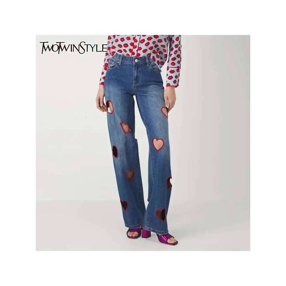 TWOTWINSTYLE Hollow Out Designer Denim Pants For Women High Waist Patchwork Pockets Casual Straight Jeans Female Fashion Style X251224