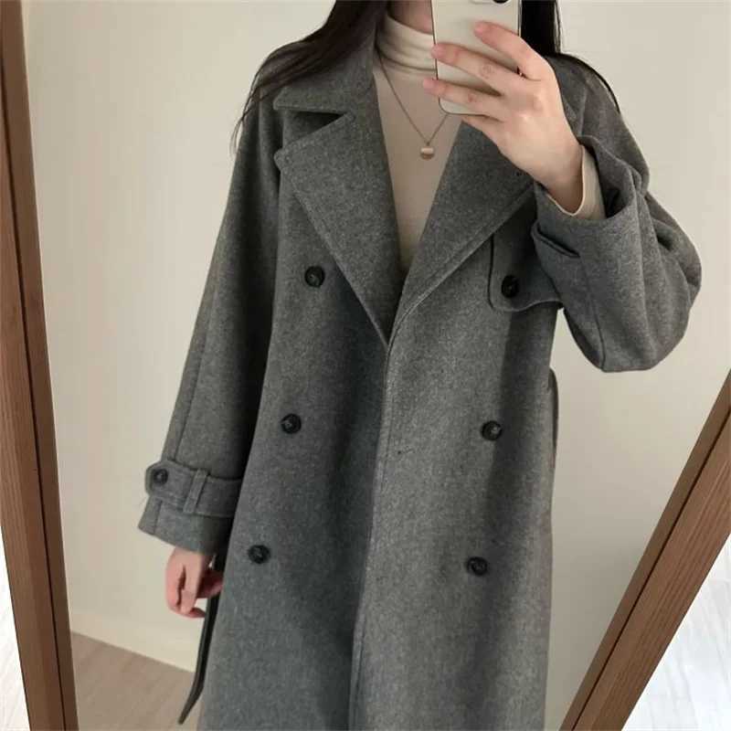 2025 Winter New Product Womens Fashion and Casual Lace-Up Versatile Flip Collar Double Breasted Button Long Woolen CoatT251224