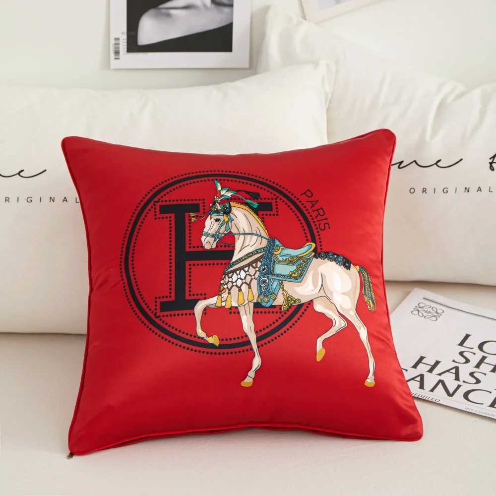 luxury Modern Style Satin Cushion Cover Horse Embroidered Letter H case 45x45cm Bedside Office Sofa Waist Home Decor Cushion Case M251224