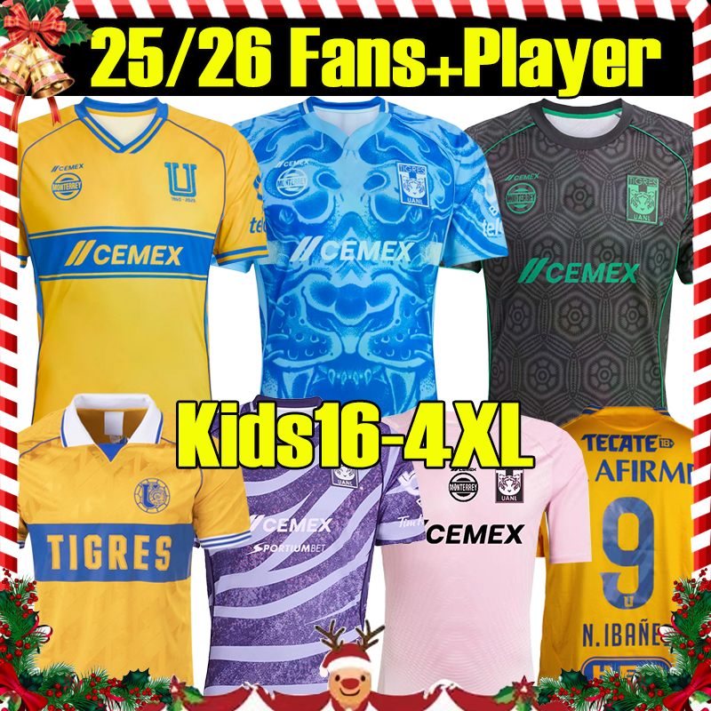 4XL 2025/26 Tigres UANL soccer jerseys Fans Player Version LIGA MX S.CORDOVA GIGNAC 2025 2026 NAHUEL OZZIEL FLORES Men Uniforms kids kits sets Football Shirts