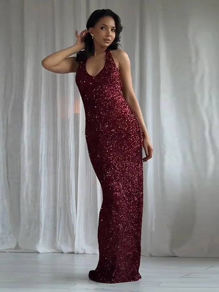 Sleeveless Sequin V-Neck Maxi - Backless Slim Fit Glitter Evening Party Dress for Women C260312