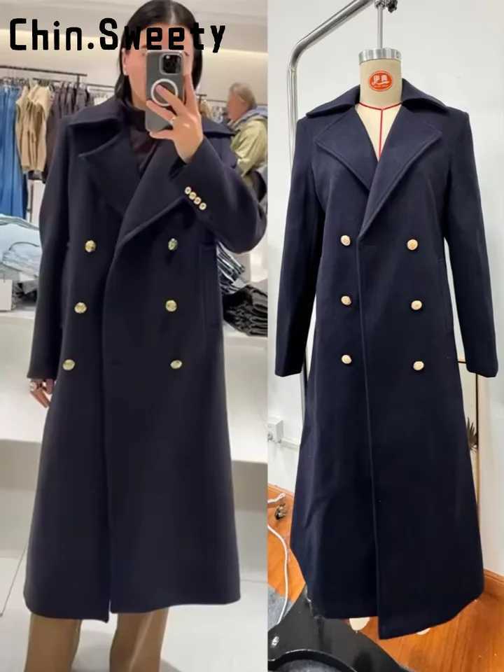 Fashion Lapel Dark Blue Long Woolen Blend Coat Women Double Breast Long Sleeve Chic Overcoat 2026 Spring Lady Outwears NewT251224