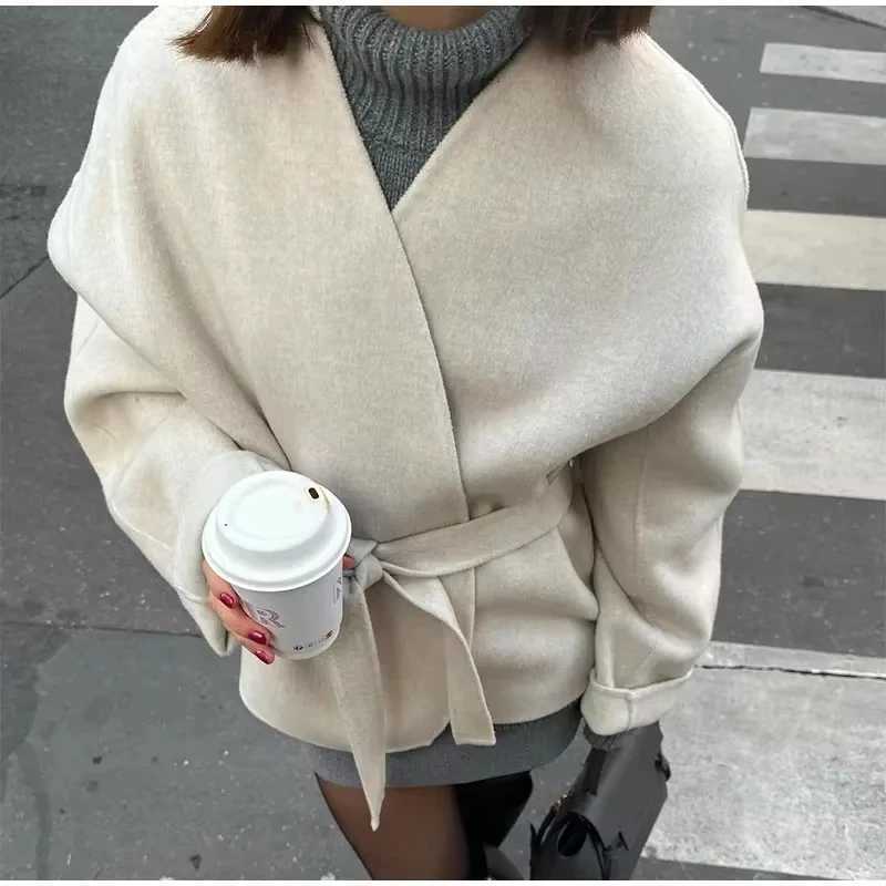 Elegant Belt Lace Up Woolen Jacket For Women Autumn Fashion Long Sleeve Short Jacket 2026 New Lady Streetwear Outerwears FemaleT251224