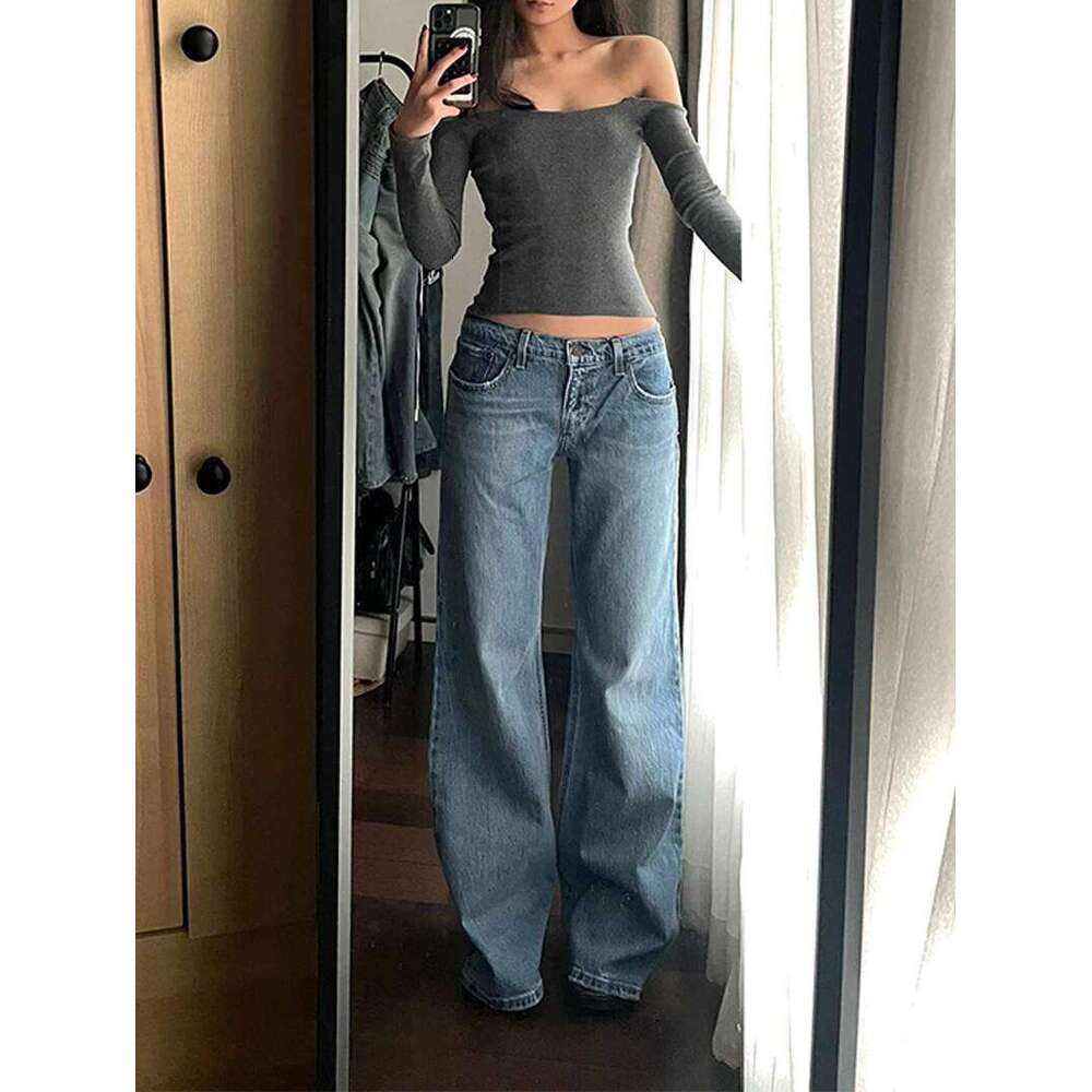 Y2K Baggy for Women Trendy Low Rise Casual Straight Leg Boyfriend Jeans Denim Pants with Pocket Streetwear X251224
