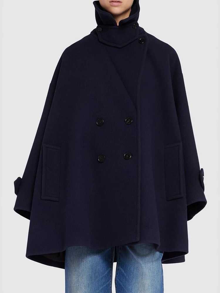 DEAT Fashion Navy Blue Woolen Coat Womens Big Lapel Double Breasted Long Sleeves Overcoat Winter New 7A1868T251224