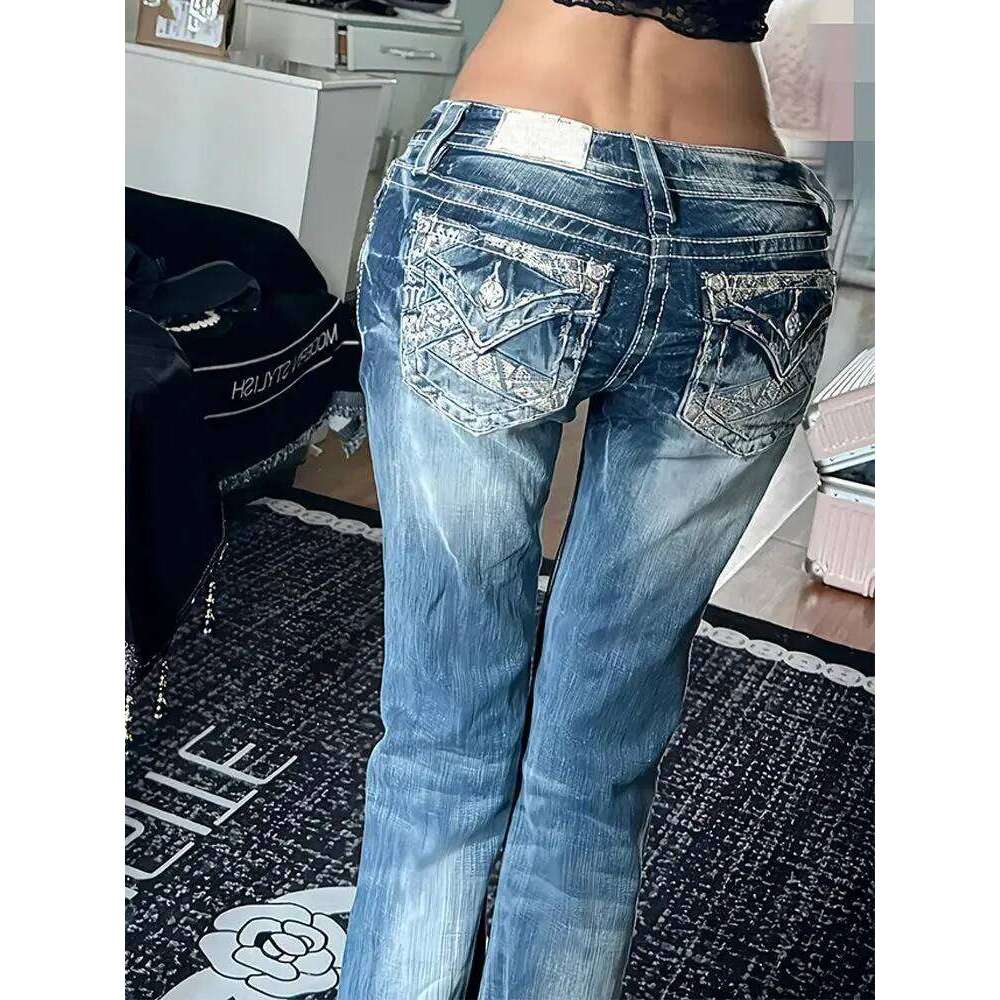 Women Vintage Blue Pocket Embroidered Jeans 2000s Slim Low Rise 90s Streetwear Denim Trousers American Retro Flared Pants X251224