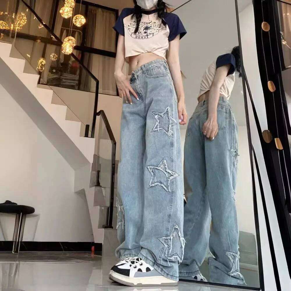 Five pointed star patch denim fashionable loose Korean Ins style spring and autumn new high waisted straight leg mop jeans X251224