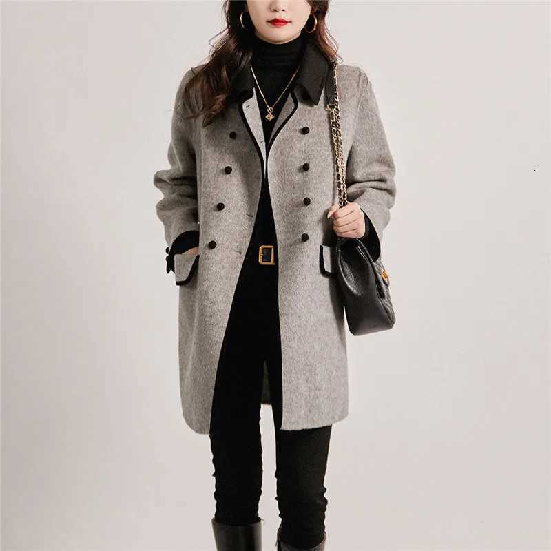 Autumn Winter Mid-Long Woolen Coat Women 2023 New Fashion Loose Turndown Collar Double-Breasted Outwear Overcoat Parka FemaleT251224