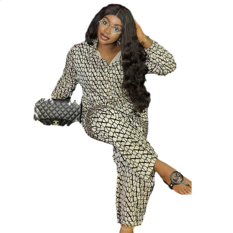 Autumn Fashion Set Woman 2 Piece Printing Long Sleeves Lapel Shirt High Waist Loose Wide Leg Pants Pant Sets Female Outfit 251218