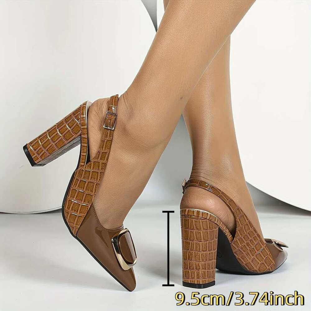 Elegant Women S Block Heel With Golden Accents Pointed Toe Ankle Strap Perfect For Parties And Formal Events Party Crocodile Pattern Shoes Decorative 