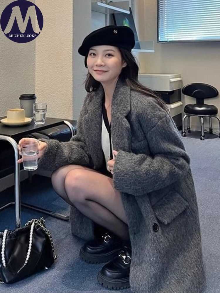 Coats for Woman Autumn Winter New Elegant Long Sleeves Thickening Woolen Suit Jacket Korean Fashion Casual Loose Keep Warm CoatT251224