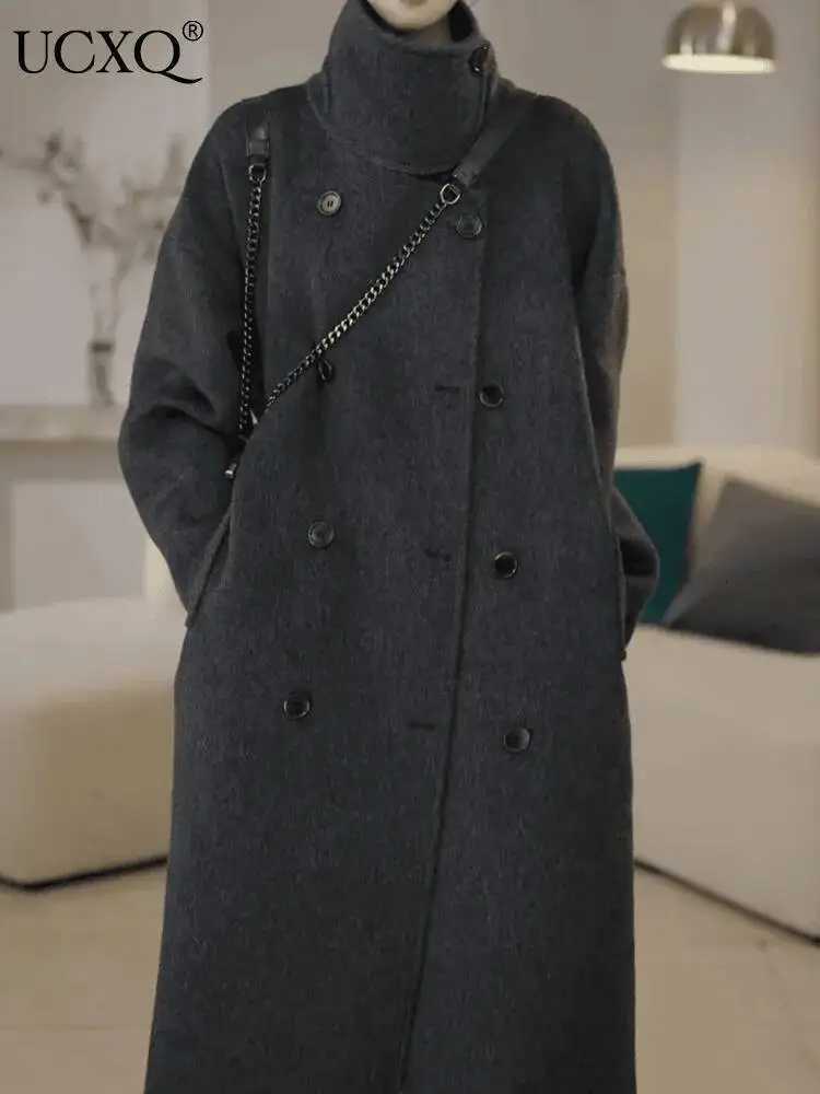 UCXQ Elegant Solid Color Wool Coat For Women Spliced Turtleneck Double Breasted A Line Coats 2025 Winter New Tide 23Z3543T251224