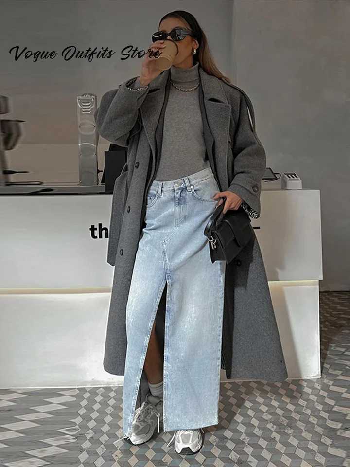 Chic Lace Up Long Woolen Coat Women Gray Double Breasted Lapel Full Sleeve Pocket Coats 2025 Autumn Winter Lady Street OutwearT251224