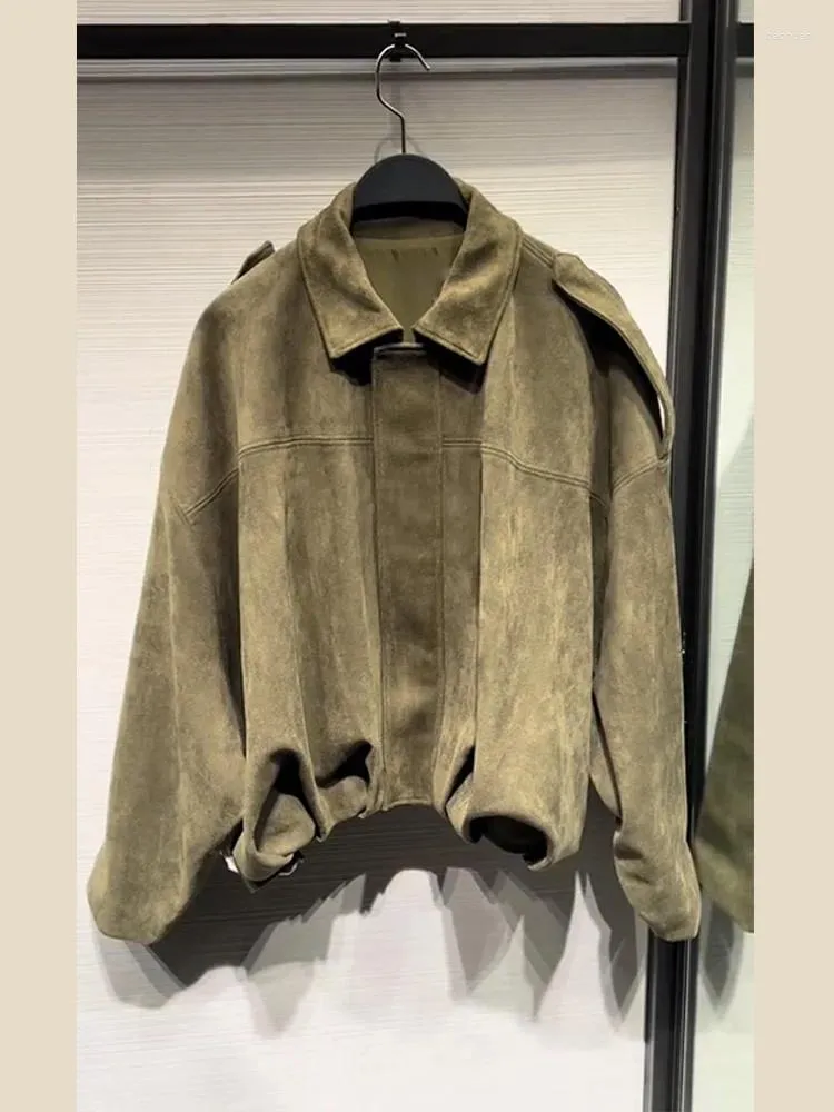 Women's Jackets Brown Green Suede Jacket Women Lapel Zipper Long Sleeve Pockets Bomber Coat 2025 Spring Autumn Lady Loose Motorcycle