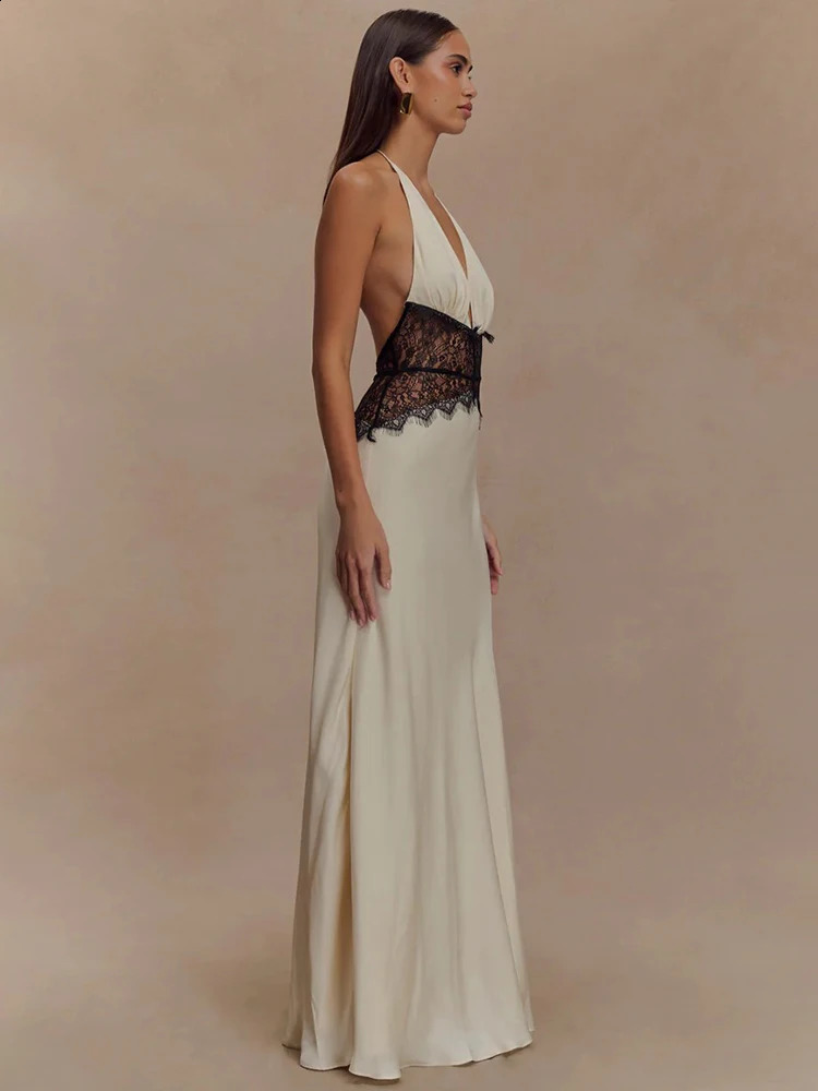Mozision Summer Backless Sexy Maxi Women Gown Patchwork Lace Halter Deep V Neck Sleeveless High Waist Elegant Long Dress 251223 C260311