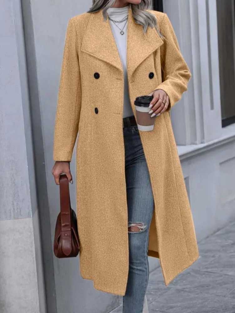 Chic Elegant Women Solid Color Grey Long Sleeve Pockets Double Breasted Fake Woolen Coat Woman Winter Warm Long OutwearT251224