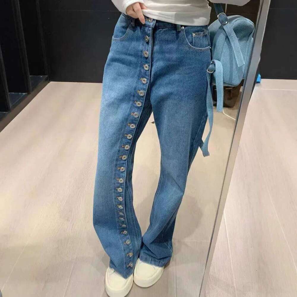 American street breasted straight jeans women's autumn and winter new high waist design fashion loose slim pants. X251224