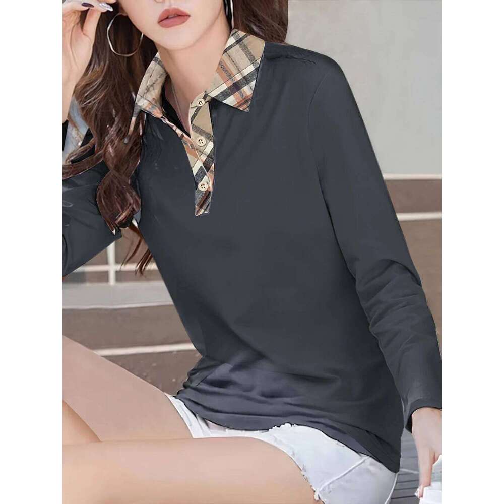 Women's Solid Color Long-Sleeved Plaid Collar POLO Shirt, Fashionable And Casual Everyday Wear Knitted Tops. DREAM RECALL