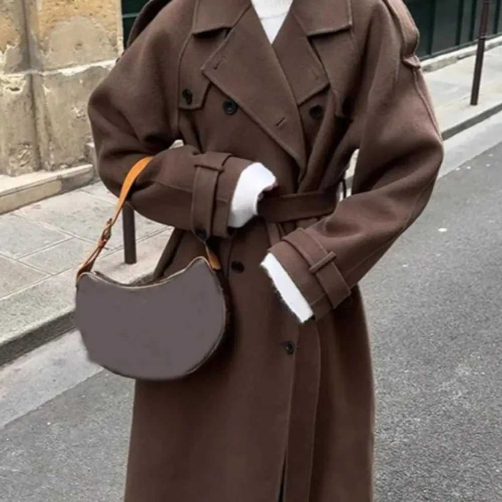 Women Fashion Brown Woolen Coat Double Breasted Long Sleeve Lapel Blends Jacket Autumn Winter High Street Windproof OuterwearT251224
