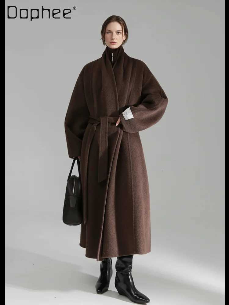 Commuter Style Temperament High-end Double-sided Woolen Jacket Korean Ins Fashion Lapel Long-sleeved Belt Slim Long Wool CoatT251224
