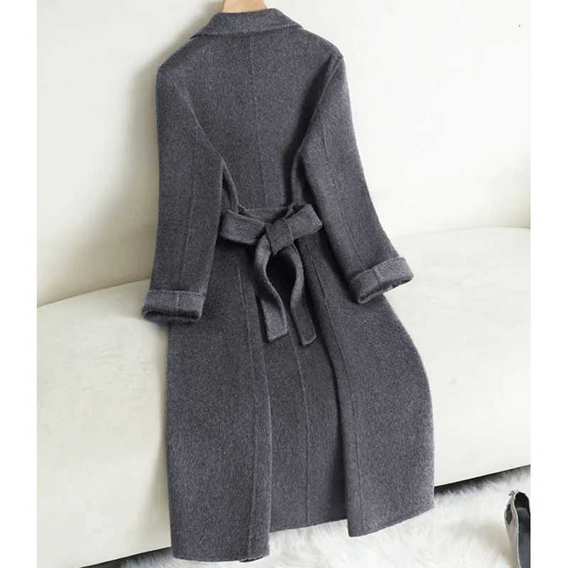 Grey Double-sided Cashmere Coat For women Slim For Autumn Winter New Winter High-end Temperament Thick Woolen Coats With beltT251224
