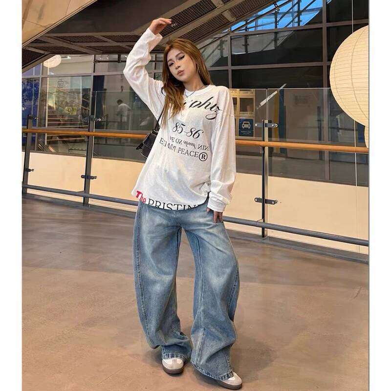 Autumn Women's Blue Y2k Baggy Harajuku Vintage Printing Denim Trousers Japanese 2000s Style Jeans Pants Oversize Clothes X251224