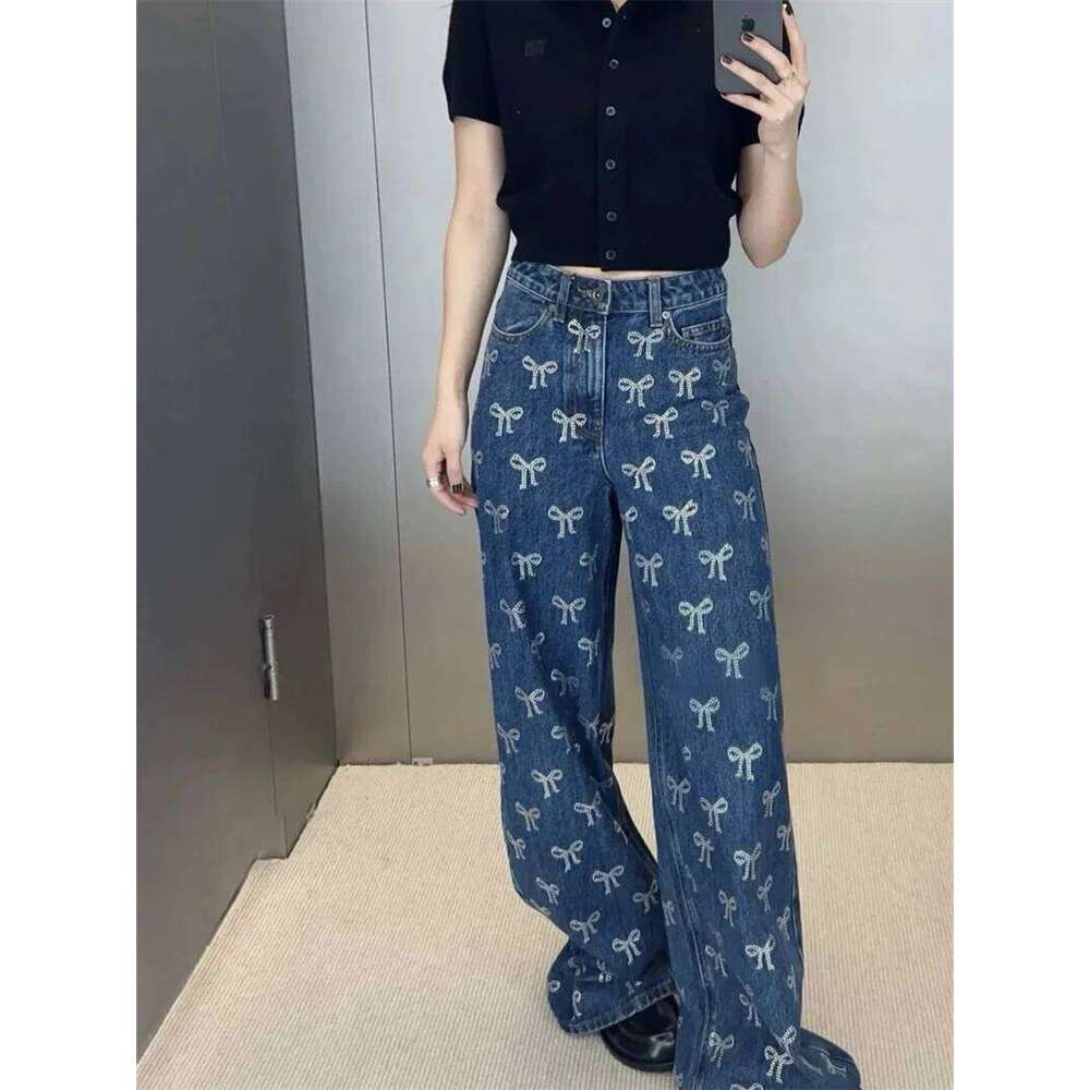 Women's Bow Hot Diamond Jeans Zipper Fly Vintage 2025 Early Autumn Lady Denim Wide Leg Long Pants X251224
