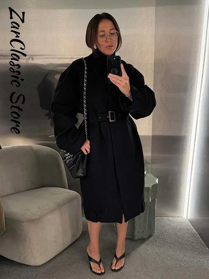 Elegant Stand Collar Belt Mid Woolen Women Coats Warm Single Breasted Full Sleeve Solid Quilted Jackets 2025 Thicken OutwearsT251224