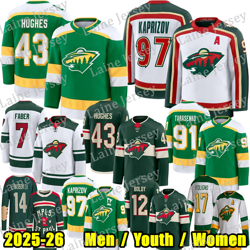 #43 Quinn Hughes mn hockey jersey #97 Kirill Kaprizov Matt Boldy Brock Faber wild Mats Zuccarello Tarasenko Sturm Jared Spurgeon Trenin Foligno Joel Eriksson Ek jersey