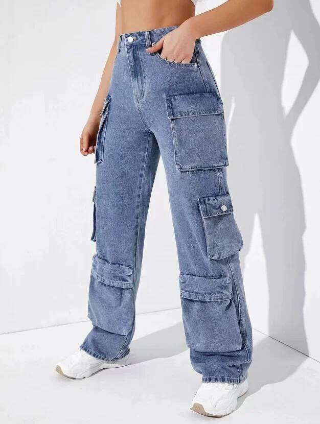 Trendy American Retro Handsome Streetwear Women's Fashion Flip Pocket Denim Cargo Pants High WaistWashed Hiphop Chic Jeans X251224