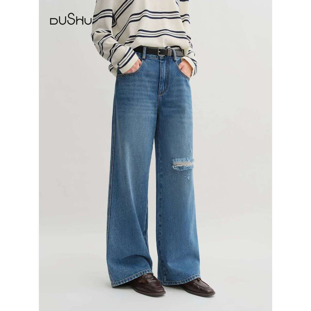 DUSHU 2025 Summer Women's Ripped Jeans - Straight Leg Non-Stretch Casual Pants High Waist Versatile Long Trousers X251224