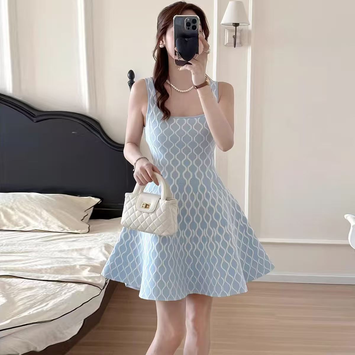 Casual Dresses Women Fashion Plaid Side Pocket Knitted Mini Dress Elegant Backless Sleeveless Pleated A-line 2025 Party Sexy Robes