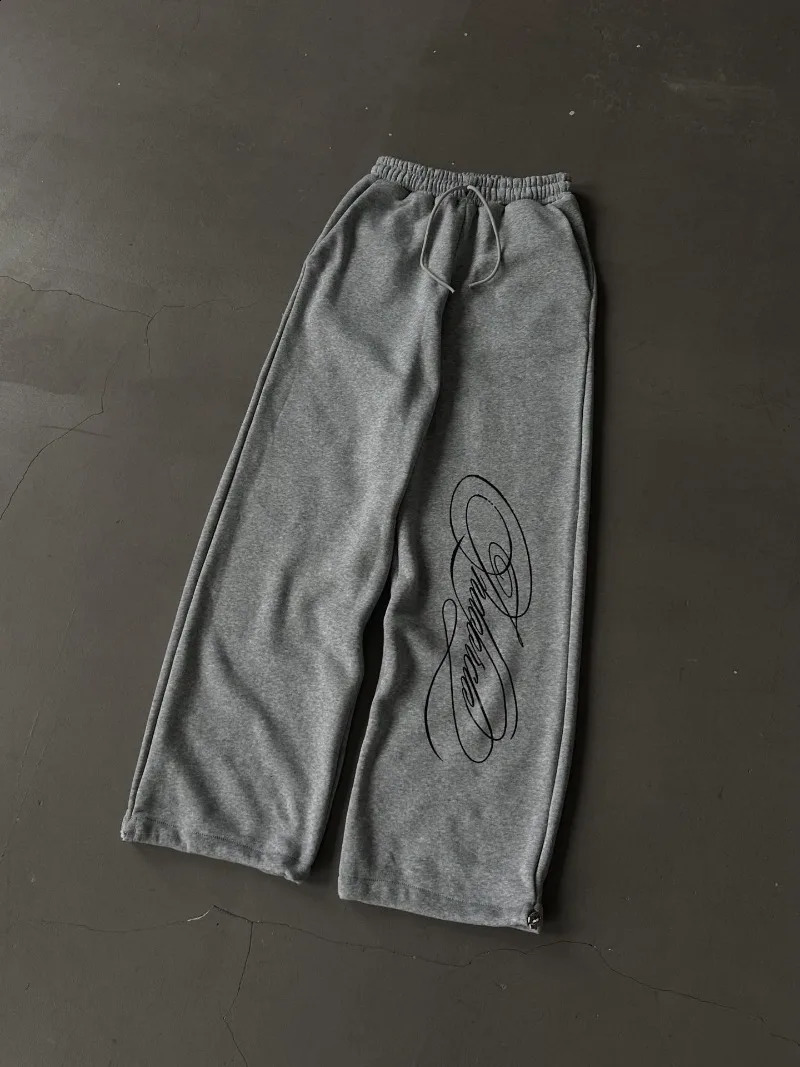 Y2k Retro American Casual Gray Sweatpants Women Hip-hop Trendy Streetwear Line Printing Oversized Straight Wide-leg Pants Men 251223