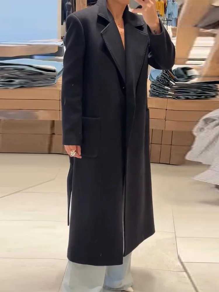 2025 Autumn Winter Womens Lapel Long Coat with Belt Elegant Lace Up Pockets Female Solid Jackets Fashion Lady Outerwear StreetT251224
