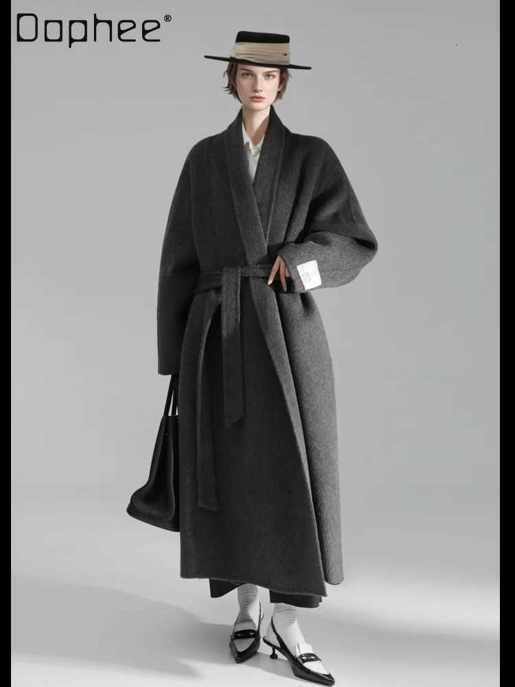 Commuter Style Temperament High-end Double-sided Woolen Jacket Korean Ins Fashion Lapel Long-sleeved Belt Slim Long Wool CoatT251224